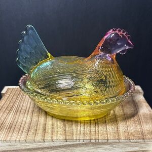 Iridescent Glass Hen on Nest Decorative Piece